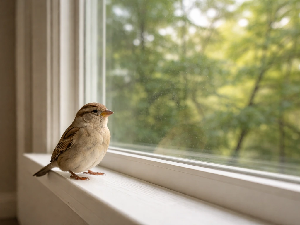 Bird perched near a window with reflections of trees, suggesting birds are drawn by glass and light.