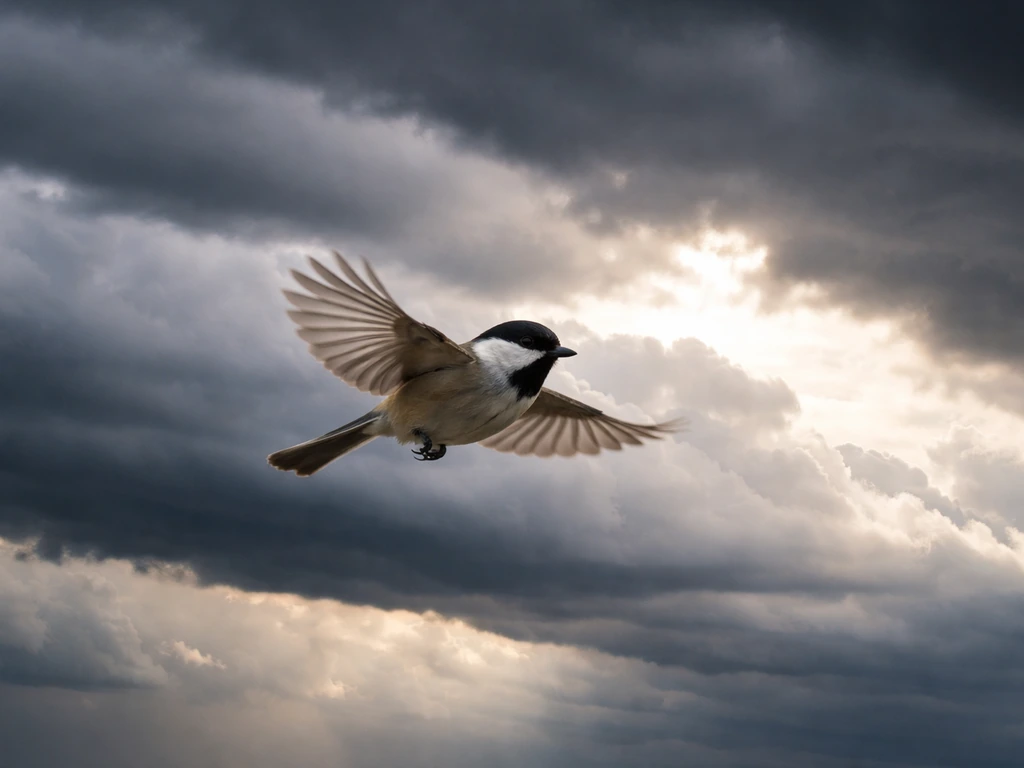 A small bird glides in flight above a dramatic sky with layered clouds suggesting a cold front.