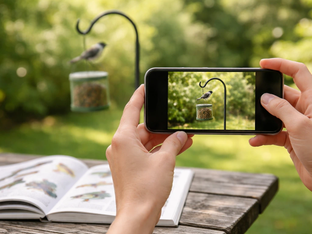 Hands holding a phone to photograph a bird near a feeder, with a bird guide book in the background.