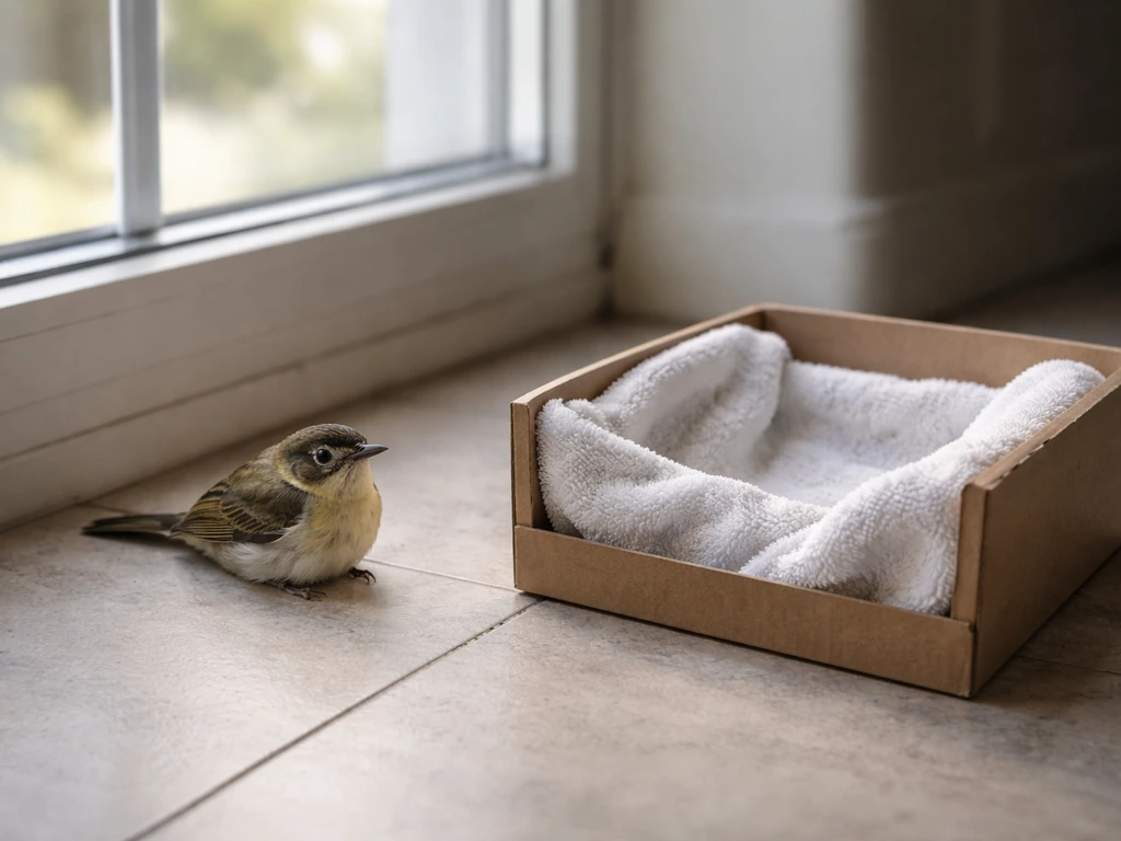 Dazed small bird near a window with a towel-lined box ready for safe recovery.