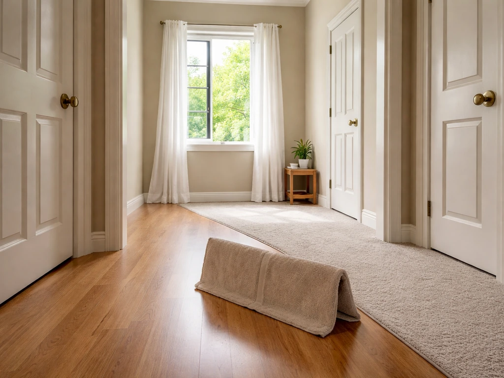 Calm room setup with closed doors, bright window exit, and a simple barrier guiding an off-screen bird out
