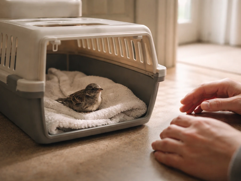 A small injured bird in a ventilated carrier with a caregiver nearby, ready to contact a wildlife rehabilitator