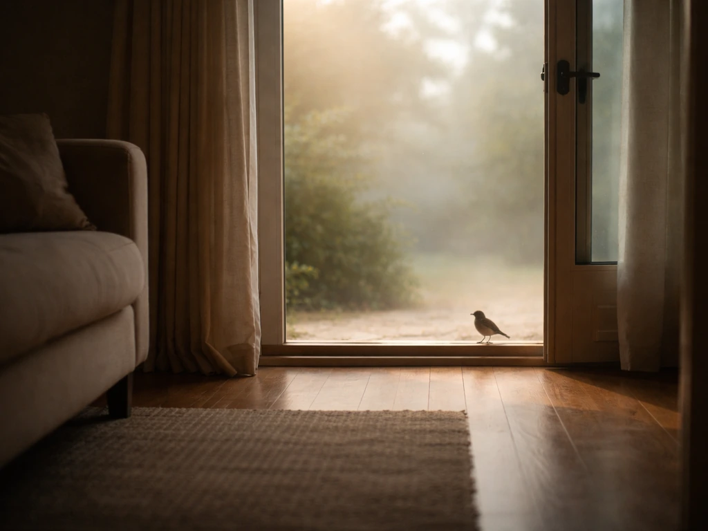 Wild bird perched near an open doorway, gentle light filling a calm, reflective home interior.