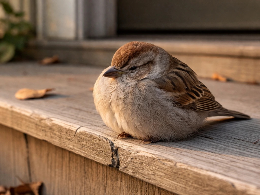 Small wild songbird calmly dozing on a residential porch step in soft morning light.