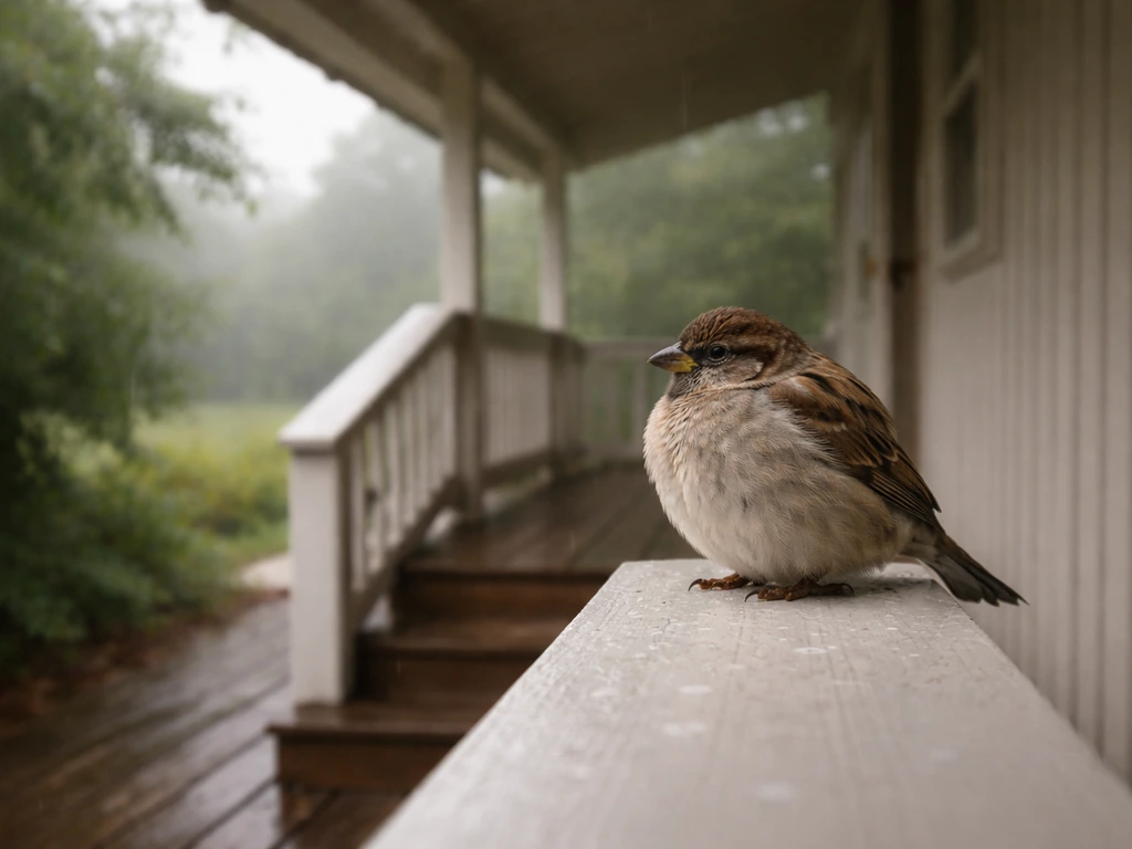A small sparrow perched under a porch overhang as rain and wind approach outside.