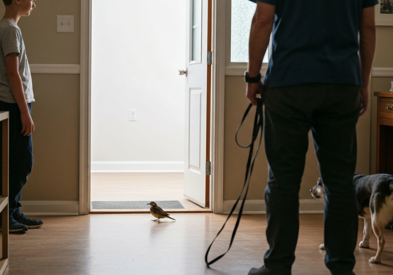 A small bird perched indoors while a person stays back in a doorway, keeping kids/pets inside and watching.