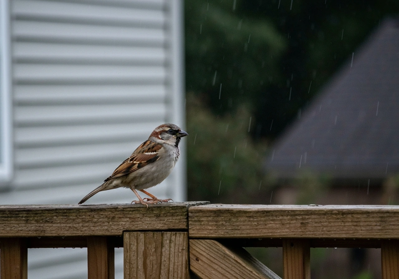 Close-up sparrow perched near a porch, with visible beak and body shape suggesting winter weather shelter