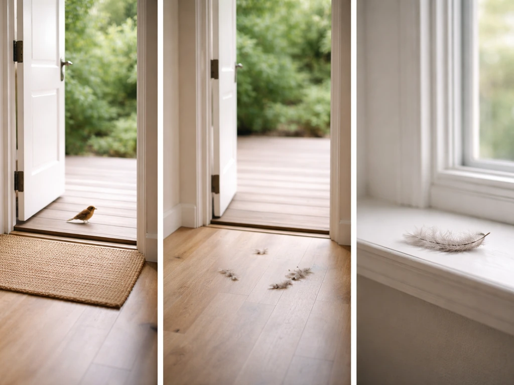 Open door with bird outside, a cleaned area, and a single feather symbolizing leaving signs.
