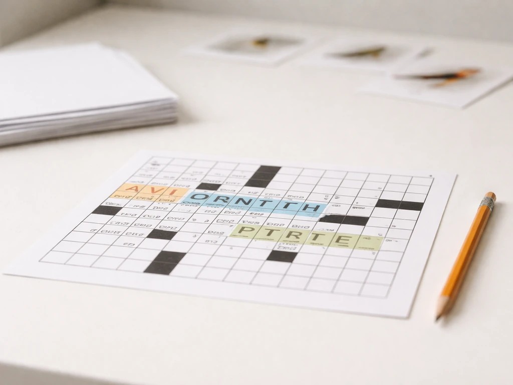 Minimal desk scene with a crossword grid and highlighted bird-name prefixes AVI ORNITH PTER.