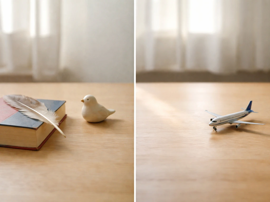 Minimal desk scene with a generic bird figurine and feather versus a small toy airplane under window light.