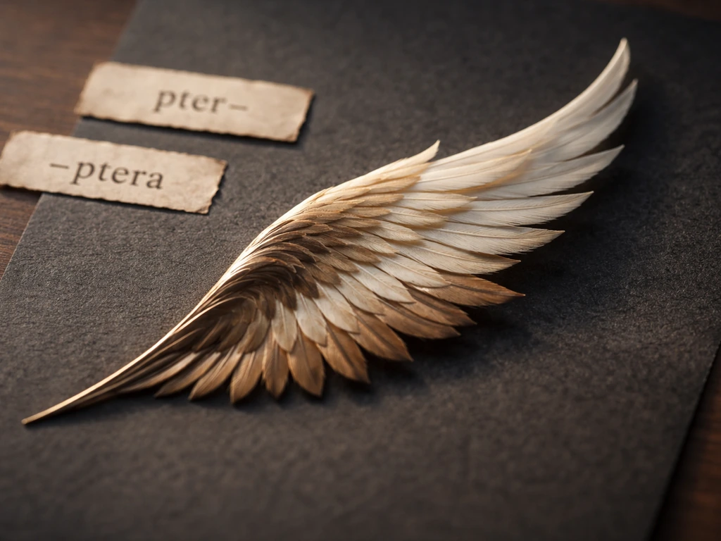 Close-up of a stylized feather wing with botanical-style labels suggesting “pter-” and “-ptera”