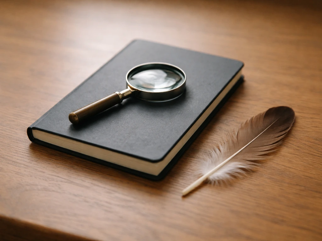 Minimal desk scene with a magnifying glass over a closed notebook and a small feather, evoking bird names.