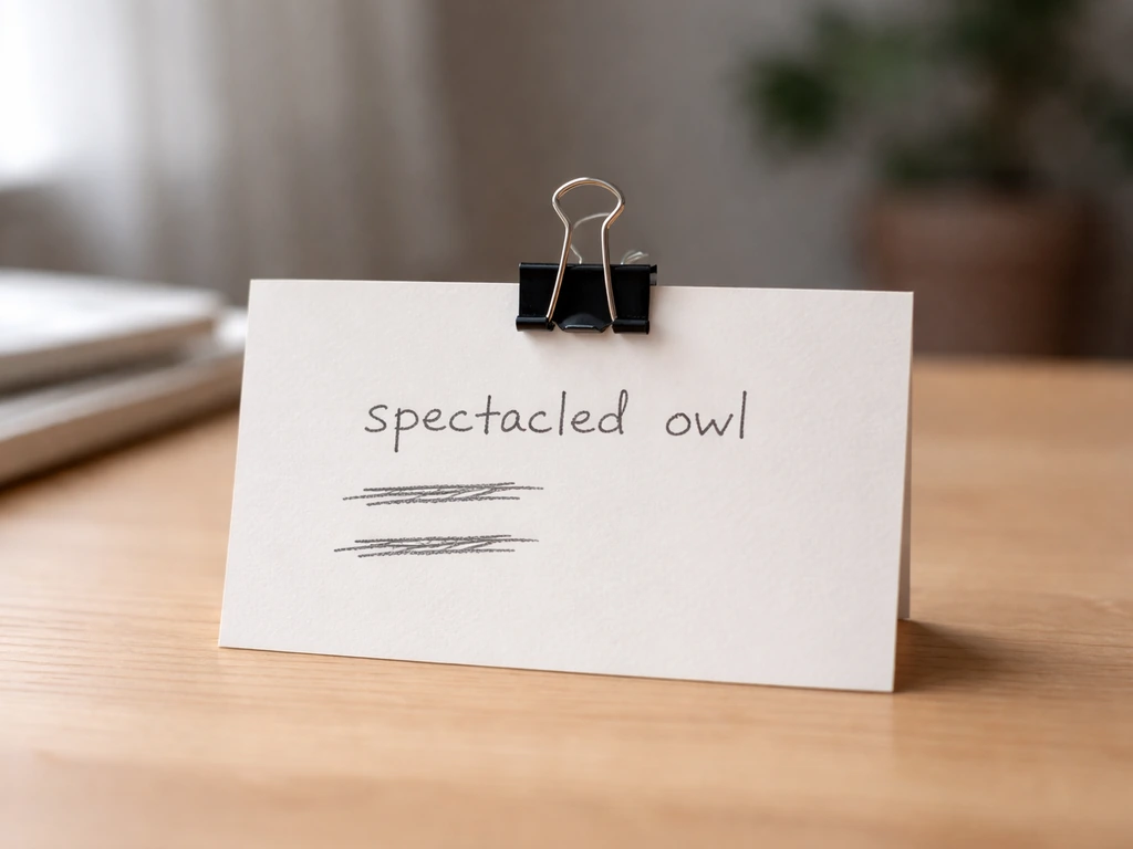 A desk with a white card clipped down, focused on handwritten “spectacled owl” with misspellings crossed out