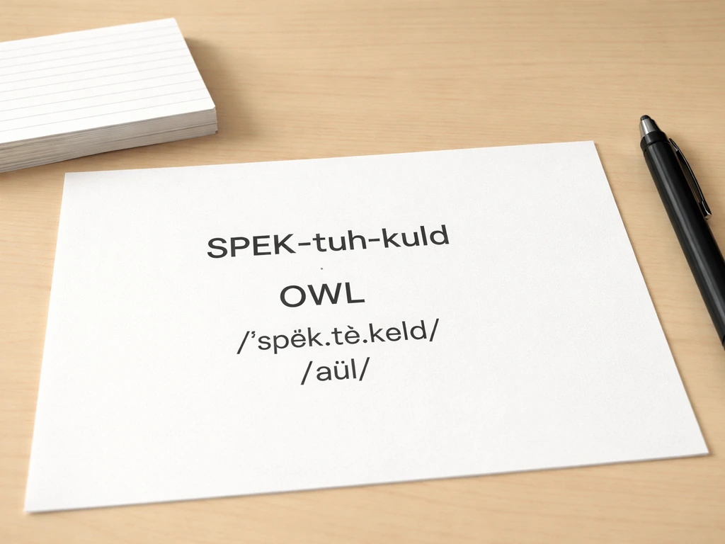 Minimal desk scene with pen and paper showing “SPEK-tuh-kuld” and “OWL” pronunciation beats.