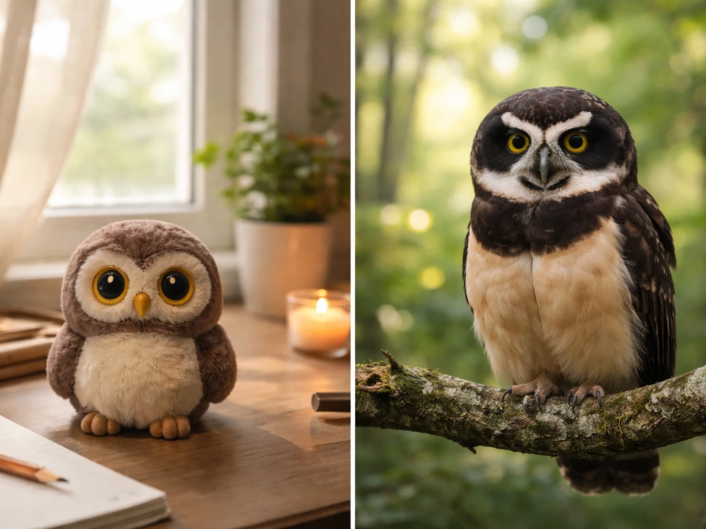 Minimal split-screen style photo showing an owl figurine indoors vs an outdoor birdwatching scene outdoors.