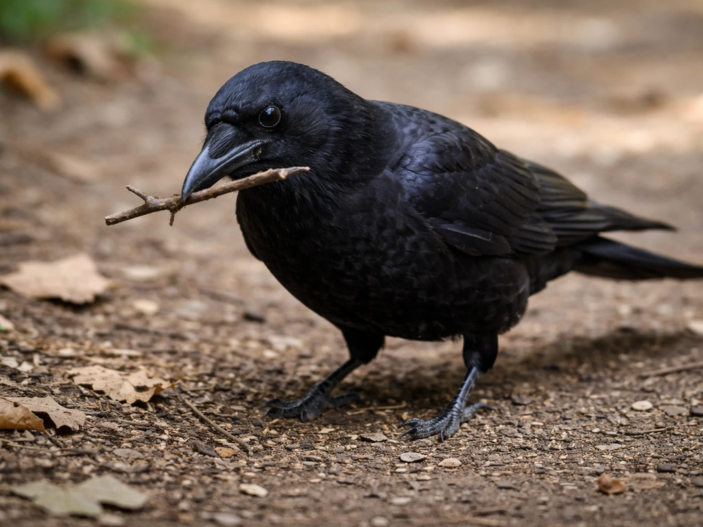 Close-up of a crow foraging with a small tool-like object held in its beak