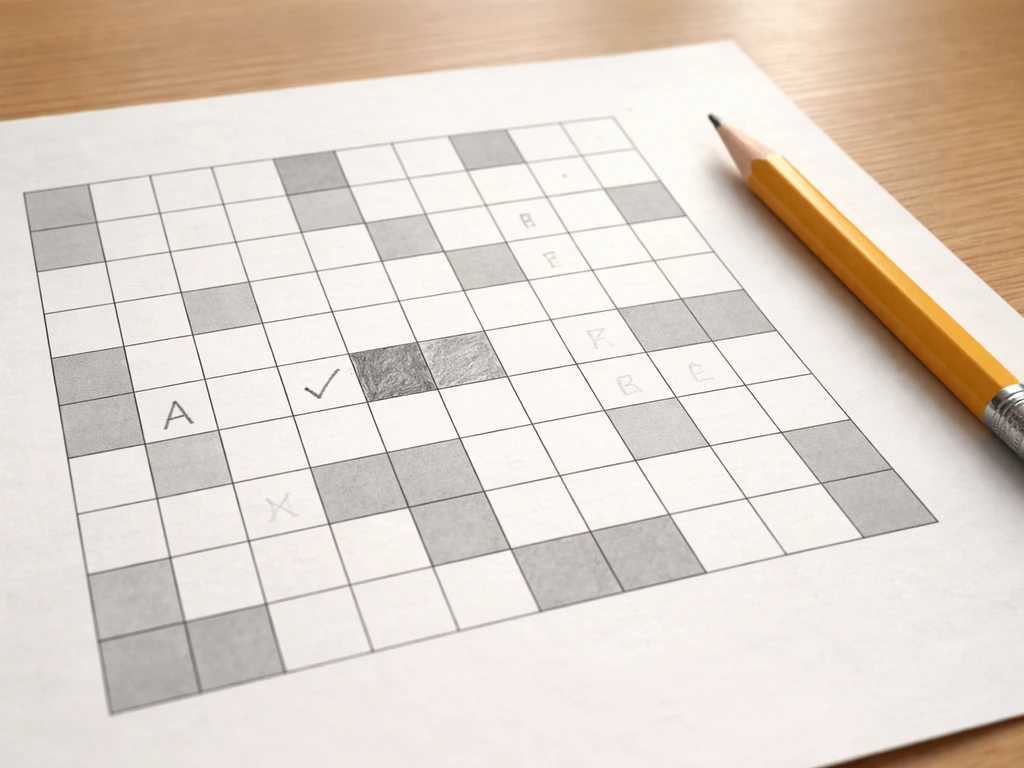 Close-up of a simple 4-cell crossword grid mockup on paper with pencil nearby, showing crossings.