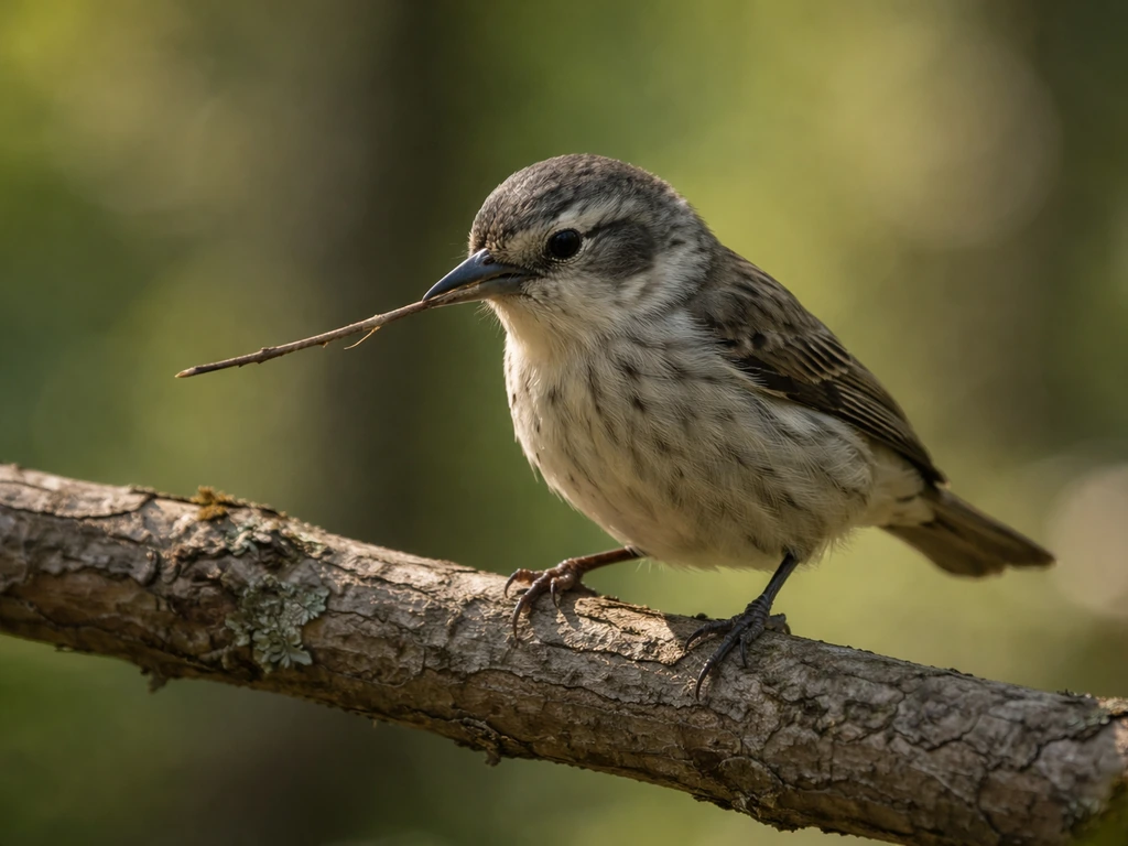 A small woodpecker finch perched near twigs, holding a tool-like twig in its beak outdoors