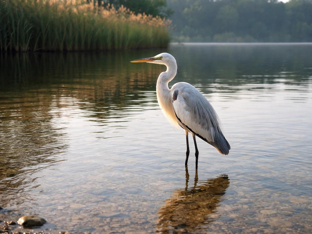 A crane-like wading bird standing in shallow water at a quiet wetland edge