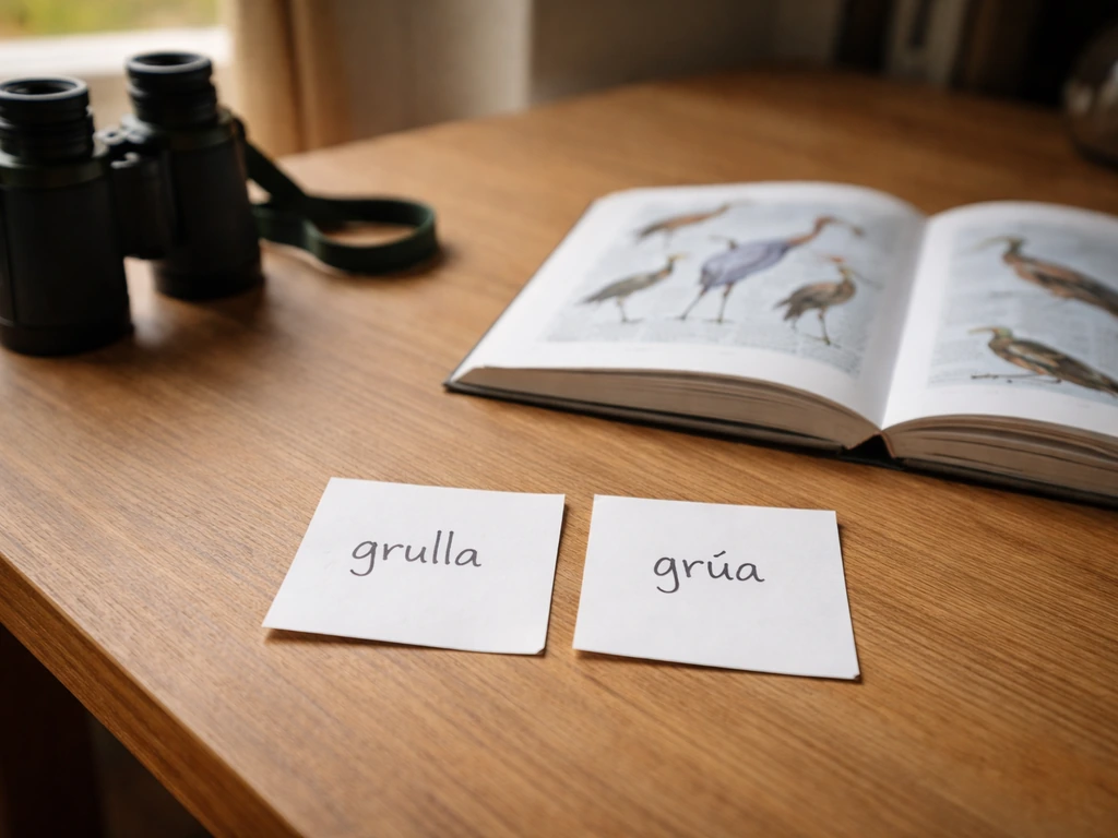 Two pencil notes on a desk beside binoculars: “grulla” and “grúa” for birding context, Spanish words