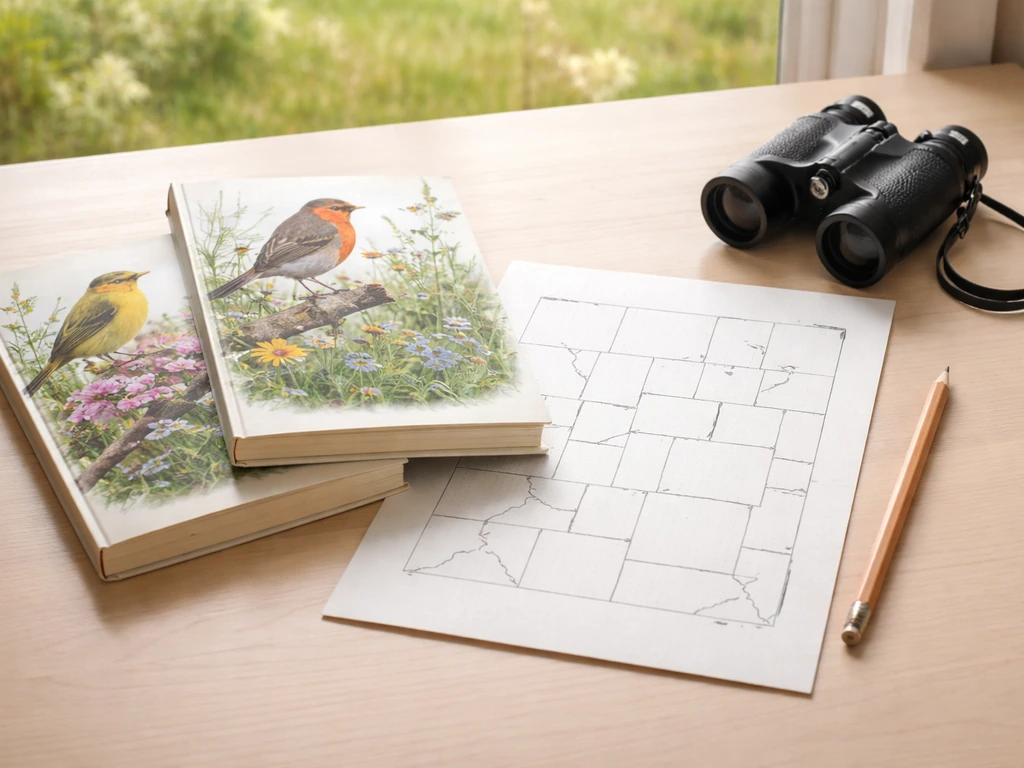 Tabletop with field guides and blank mapping paper suggesting Spanish bird name matching.