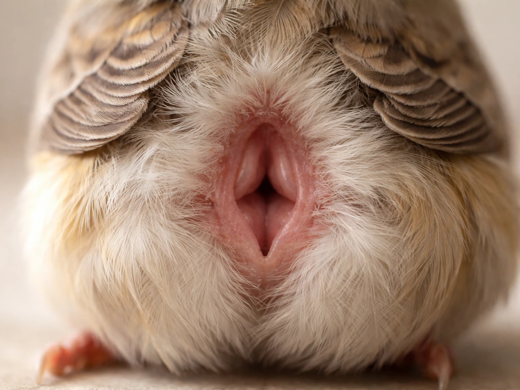 Close-up of a small bird’s rear vent area, showing the cloacal opening and junctions.