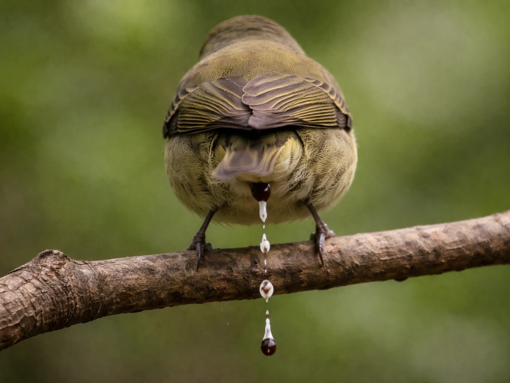 Small bird perched on a branch, vent area visible as small droplet(s) fall downward outdoors.