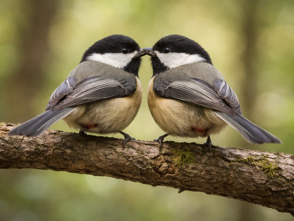 Two small birds performing a brief cloacal kiss posture, vents touching, in a natural branch setting