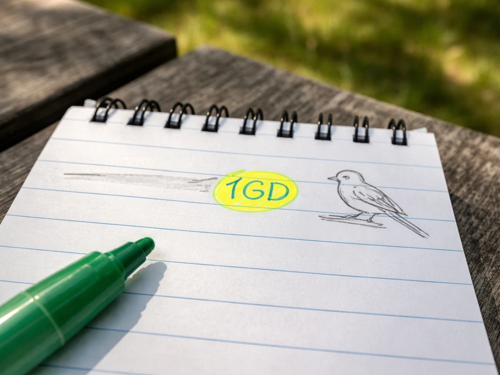 Close-up of a birding checklist notebook with a highlighted bird code next to a bird-name entry.