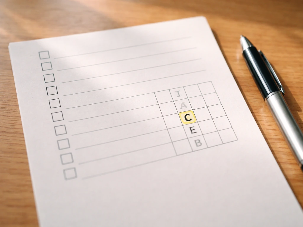 Close-up of a simple checklist with one highlighted letter legend area on a desk.