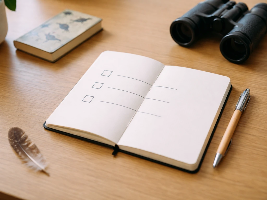 Open notebook on a wooden desk with three unchecked checklist boxes and bird-themed items nearby.