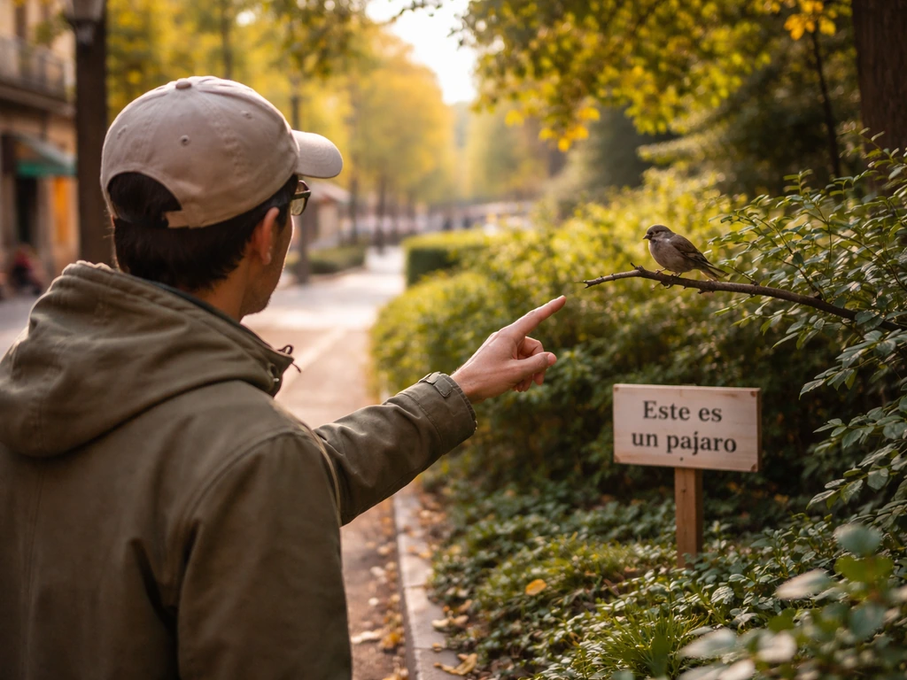 Anonymous person points at a perched sparrow while a Spanish sign reads “Este es un pájaro”