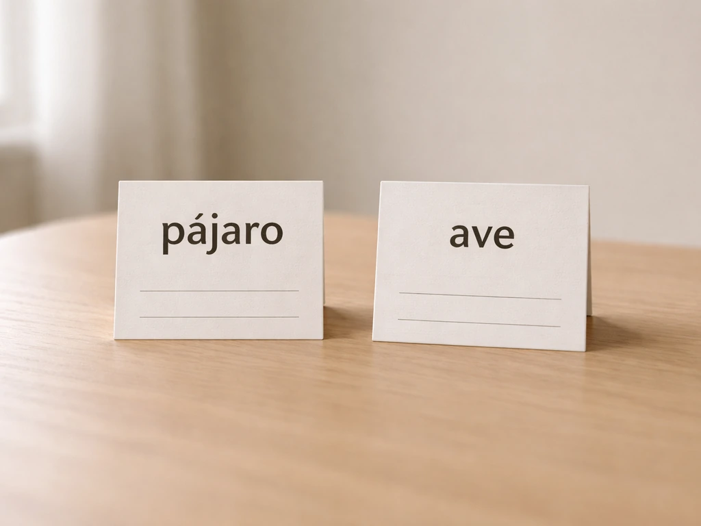 Close-up of two simple placards on a table representing Spanish words for “bird”.