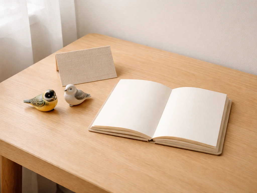 Minimal photo of a small study table with bird-themed items arranged neatly for learning Spanish bird names.