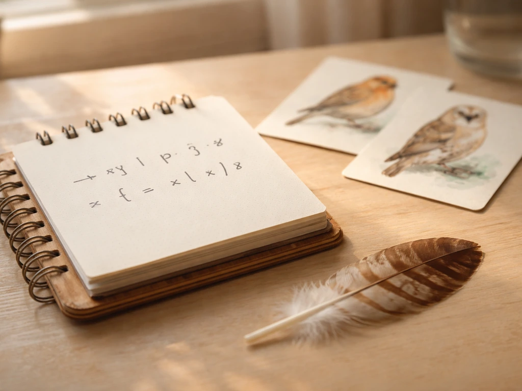 Minimal desk scene with a notebook and unlettered pronunciation accent marks beside a single bird feather.