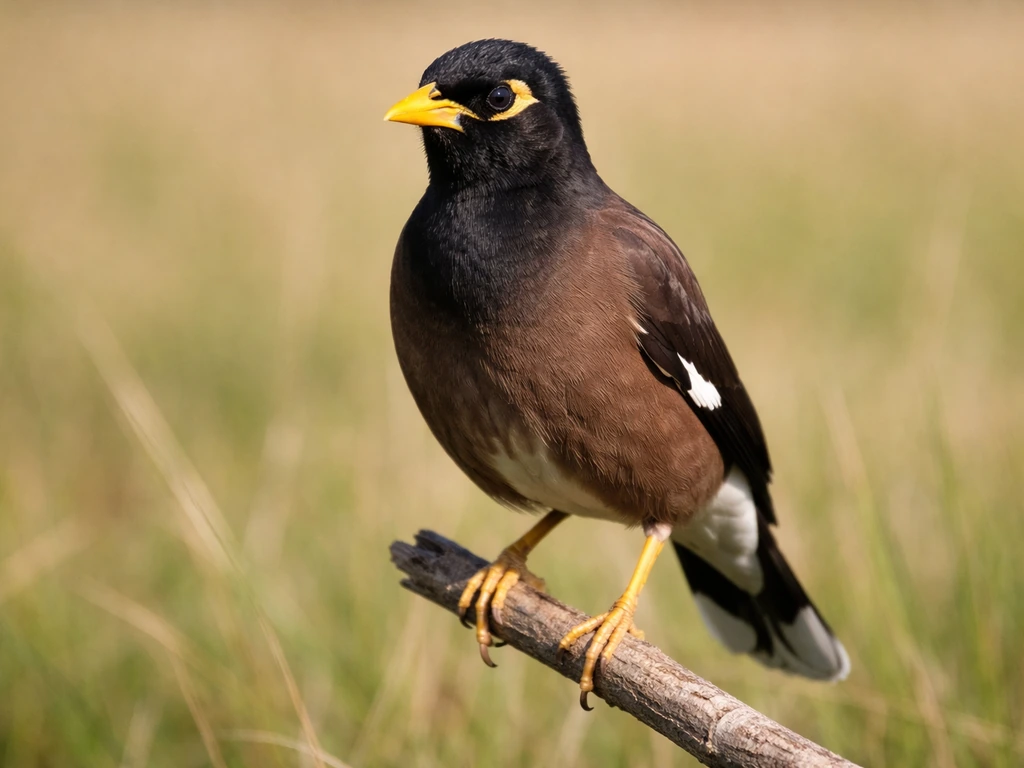 Common Myna bird perched in a sunny field, showing dark face markings and a bright yellow bill