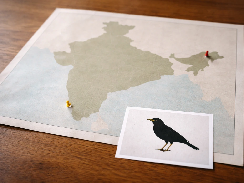 Minimal map-like scene with a myna bird silhouette inset linking “kabar” vernacular usage