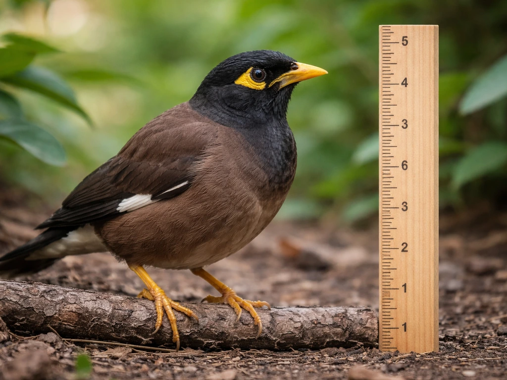Close-up of a myna-like bird beside a simple size reference stick in a natural garden setting