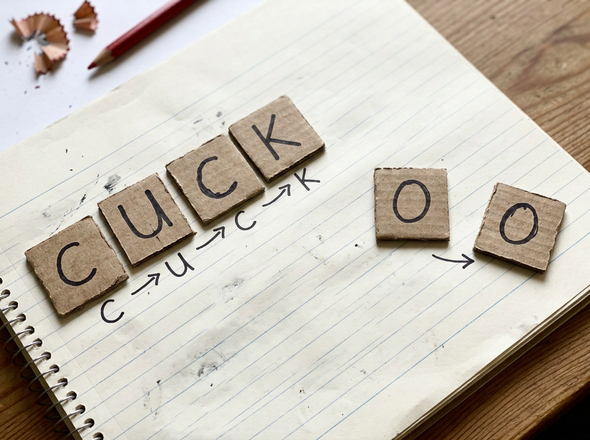 Letter cards arranged in order to spell “C-U-C-K-O-O” for cuckoo bird
