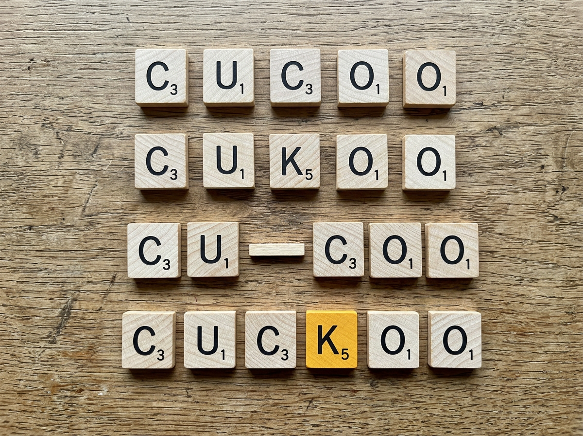 Letter-tile layout showing common misspellings vs correct “CUCKOO”