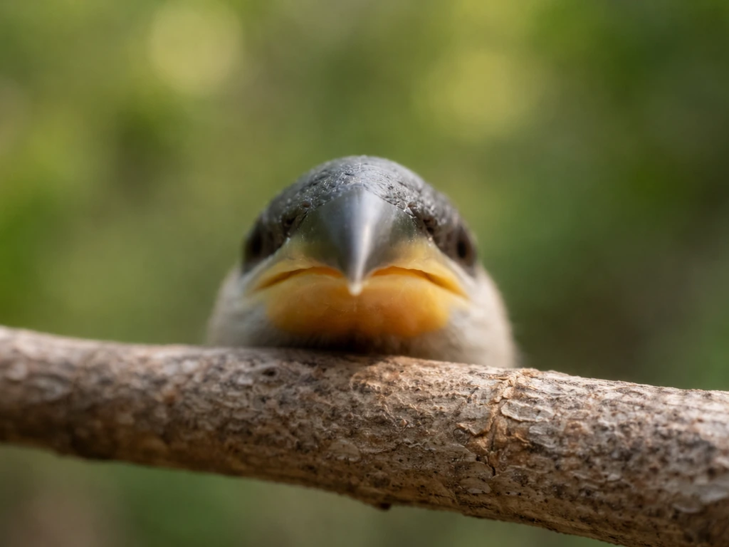 Close-up of a bird’s beak on a twig with a softly blurred green background.
