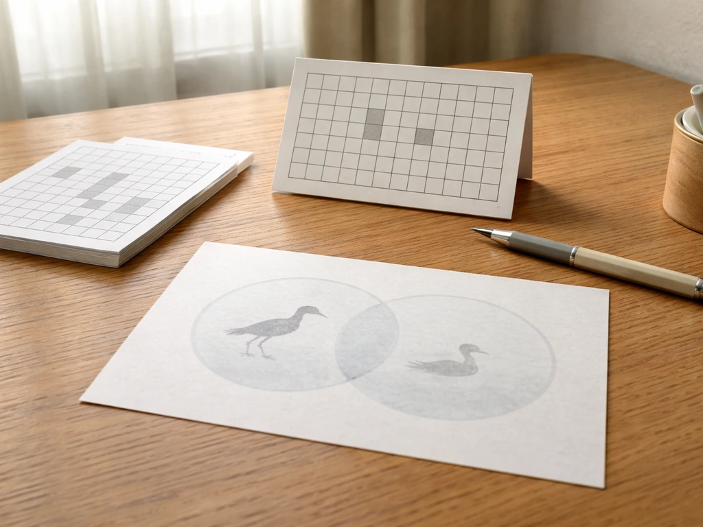 Minimal desk scene with a crossword clue card and two blank word boxes showing “aquatic bird” vs “water bird”.
