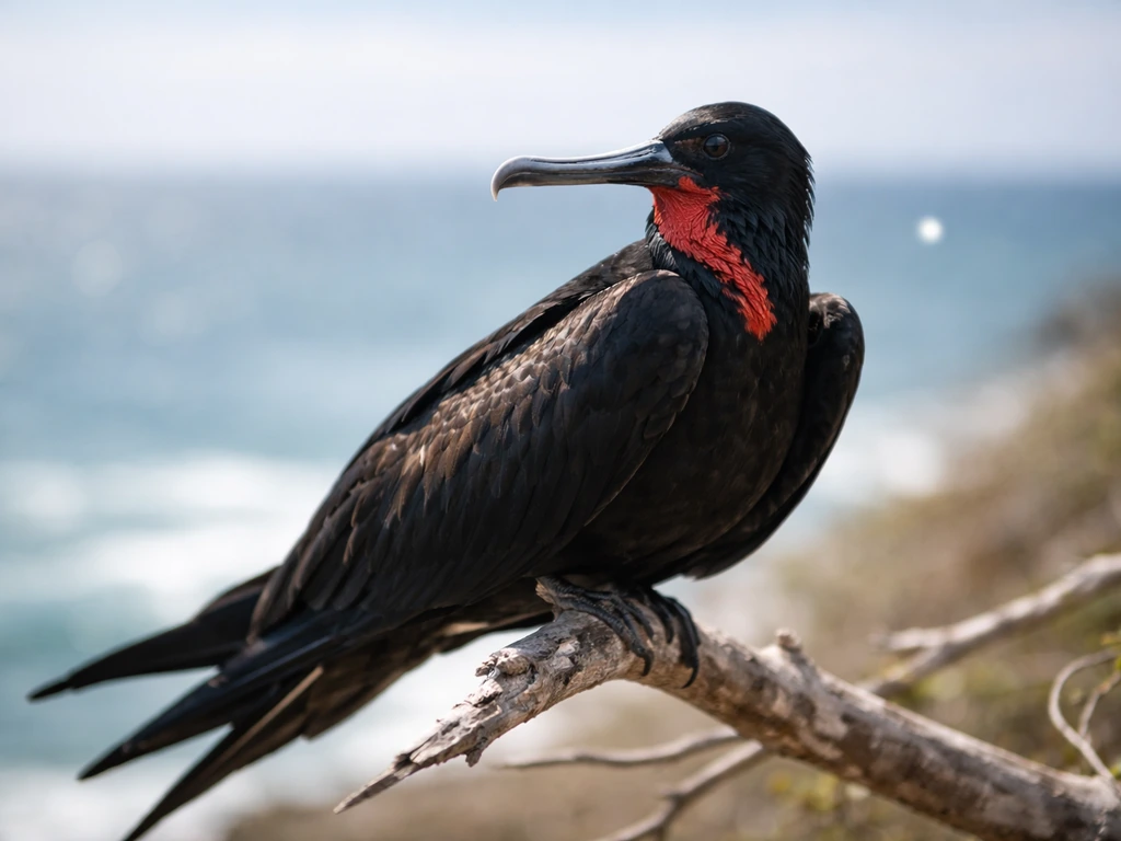 Frigate bird perched on a seaside branch, crisp natural-light close-up with shallow depth of field.