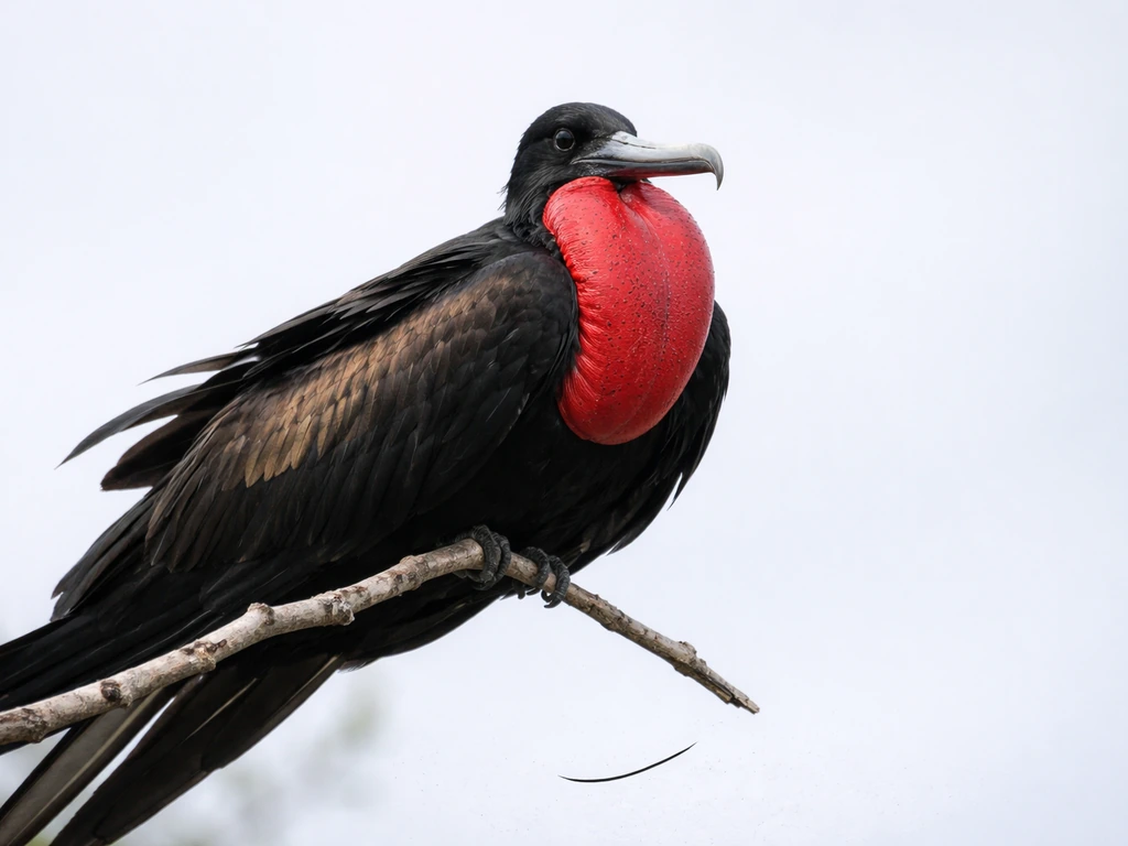 A close-up of a small bird perched near a simple stress cue mark on a plain background