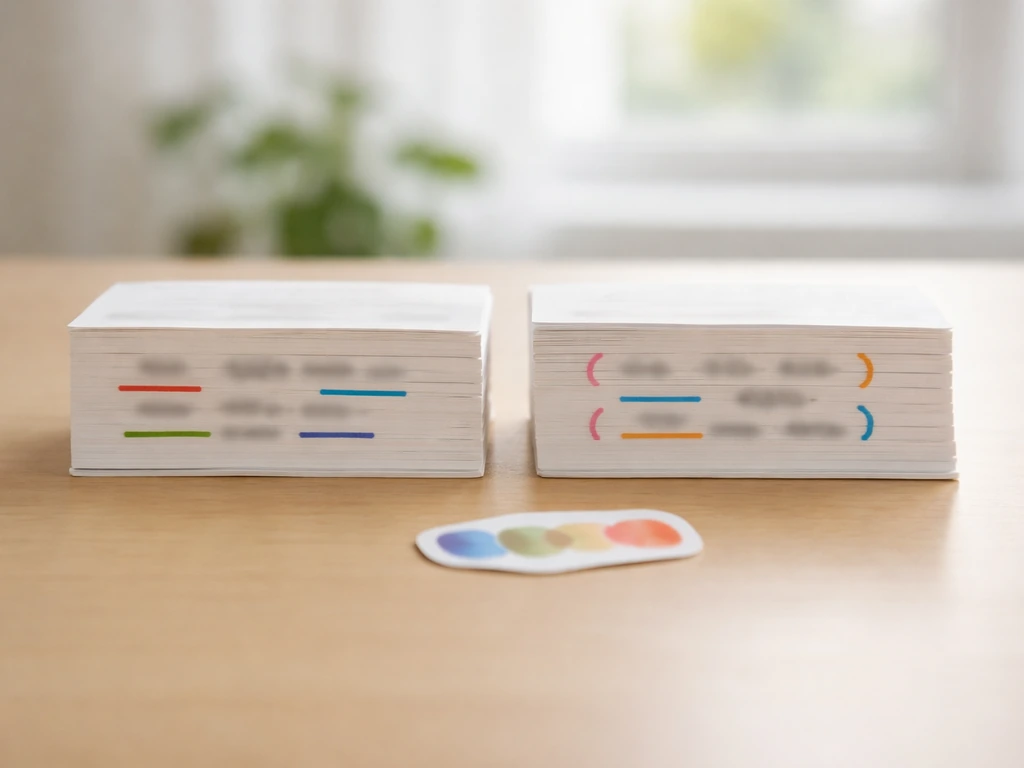 Two side-by-side index cards on a desk with colored emphasis marks to contrast pronunciation stress.