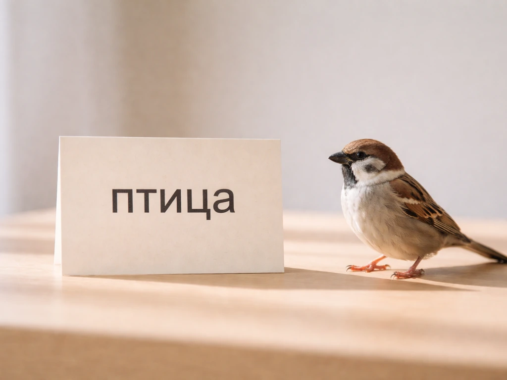 A small Cyrillic card reading птица beside a realistic perched bird on a light wood table.