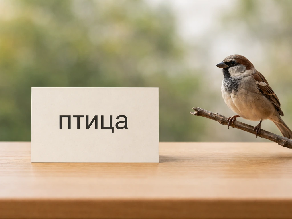 Off-white vocabulary card with “птица” beside a perched sparrow on a branch, softly blurred background.