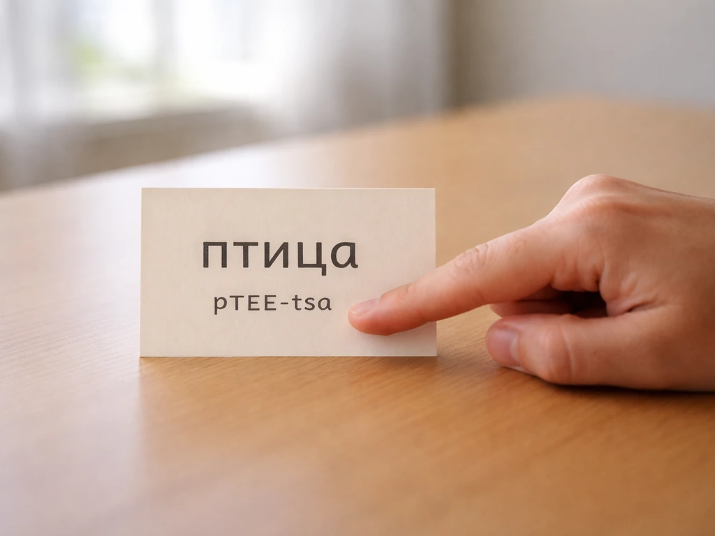 Hand pointing to a small notecard with the word птица and simple phonetic cue in a quiet desk setting