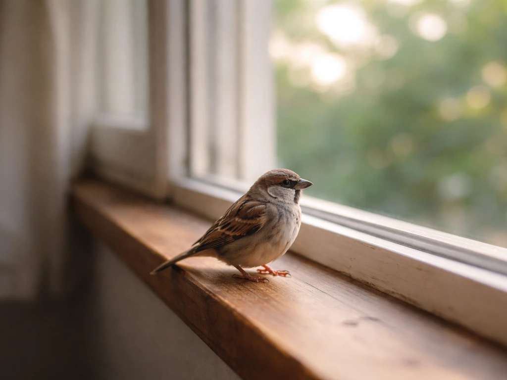 Close-up of a small bird perched near an open window with soft daylight