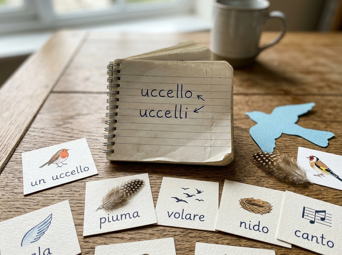 Italian noun cards and bird prop representing “uccello” and its plural forms.